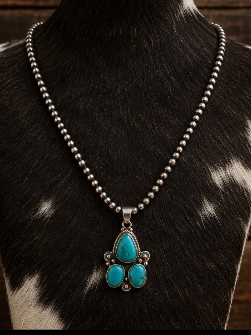Turquoise and Sterling Silver Pendant with 3mm Desert Perak Chain Necklace